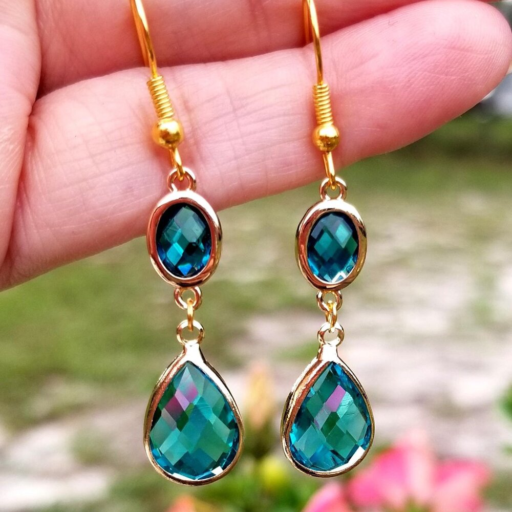 14k Gold Blue Topaz Earrings Blue Topaz Dangle Earrings Gold Dangle Earrings
